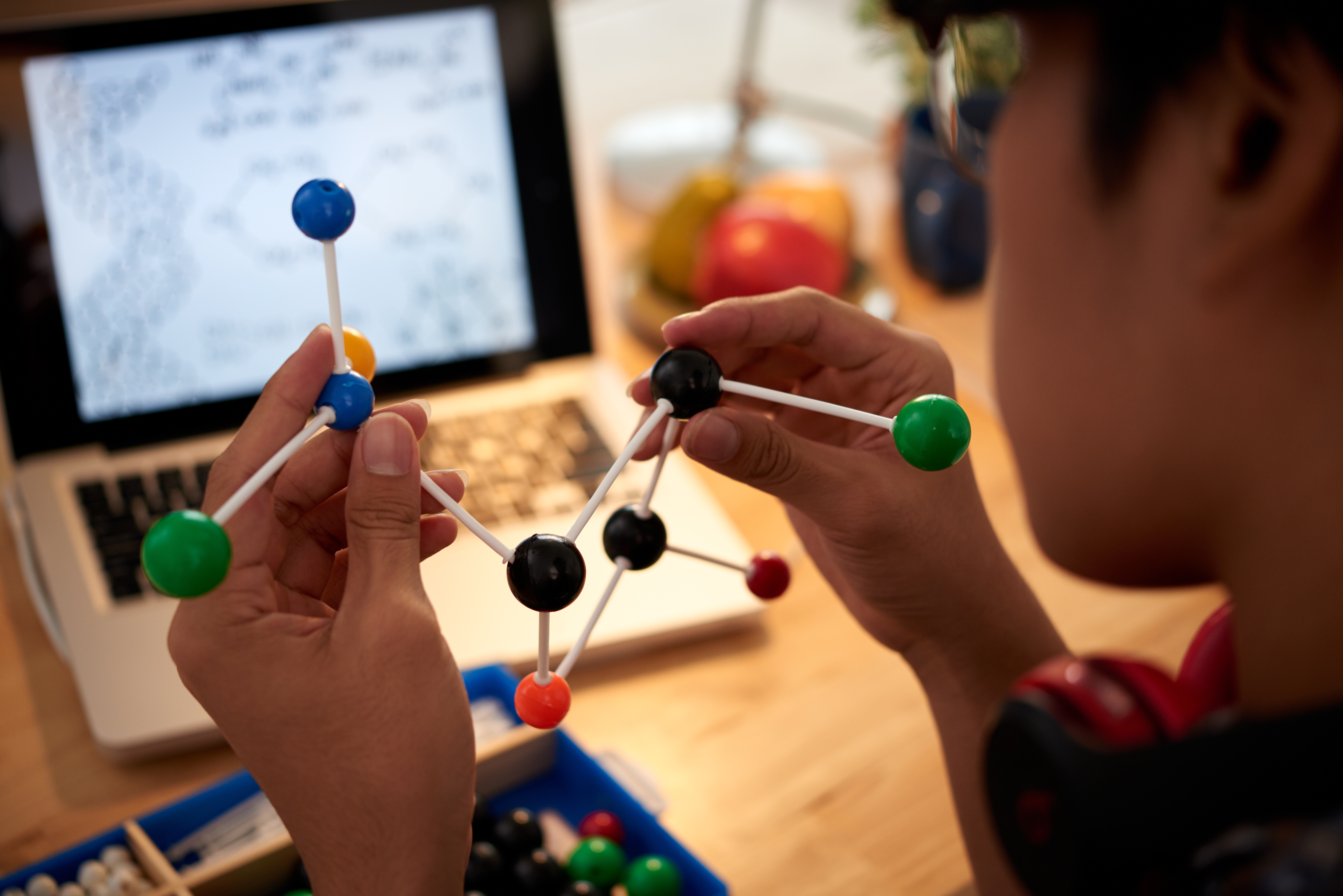 Close-up image of chemical element model in hands on student